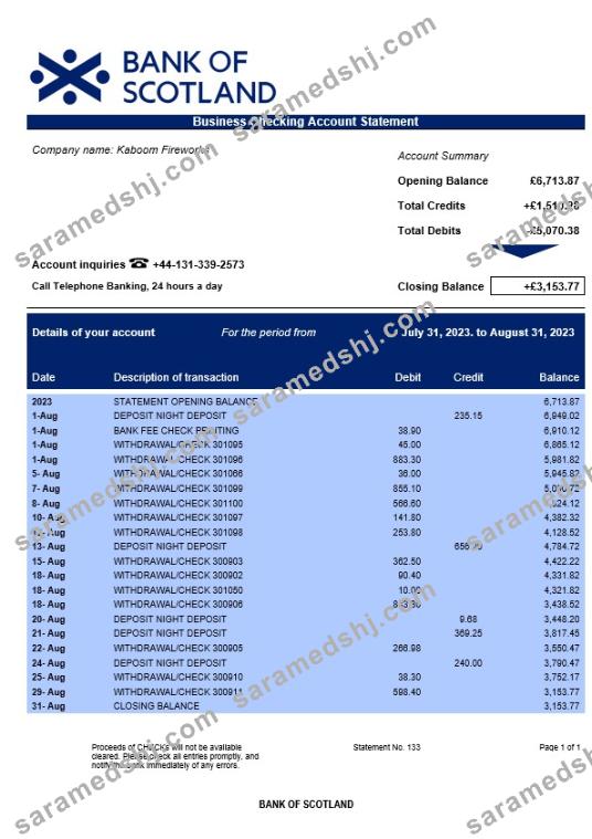 Bank of Scotland corporate checking account statement Word and PDF template